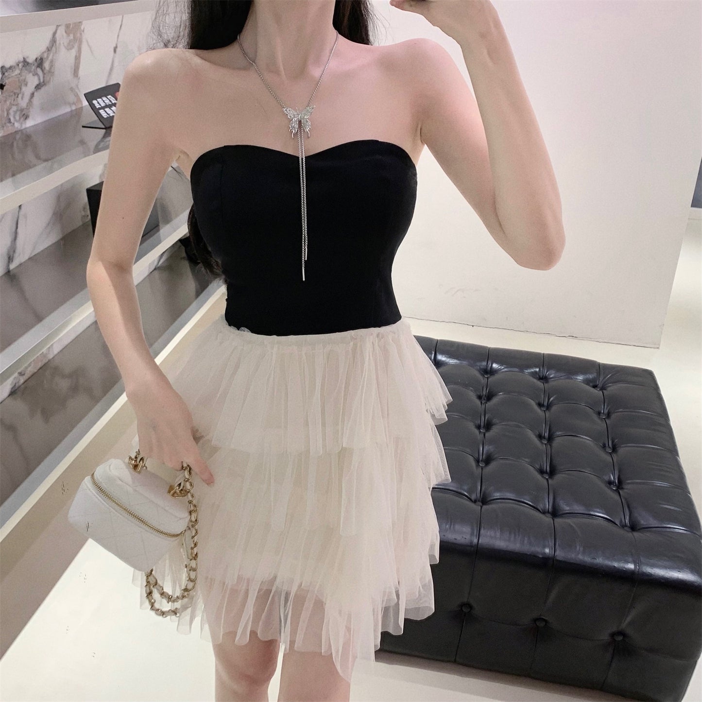 Cute Girls Strapless Black & White Splicing Mini Dress Glamorous Cascade Tiered Tulle Hem Short Dress AP1734