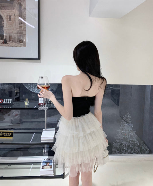 Cute Girls Strapless Black & White Splicing Mini Dress Glamorous Cascade Tiered Tulle Hem Short Dress AP1734