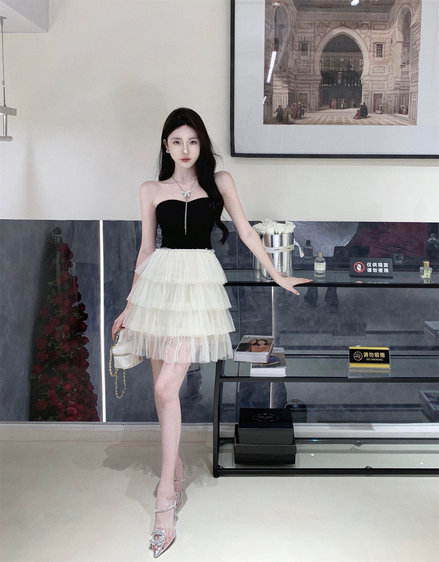 Cute Girls Strapless Black & White Splicing Mini Dress Glamorous Cascade Tiered Tulle Hem Short Dress AP1734