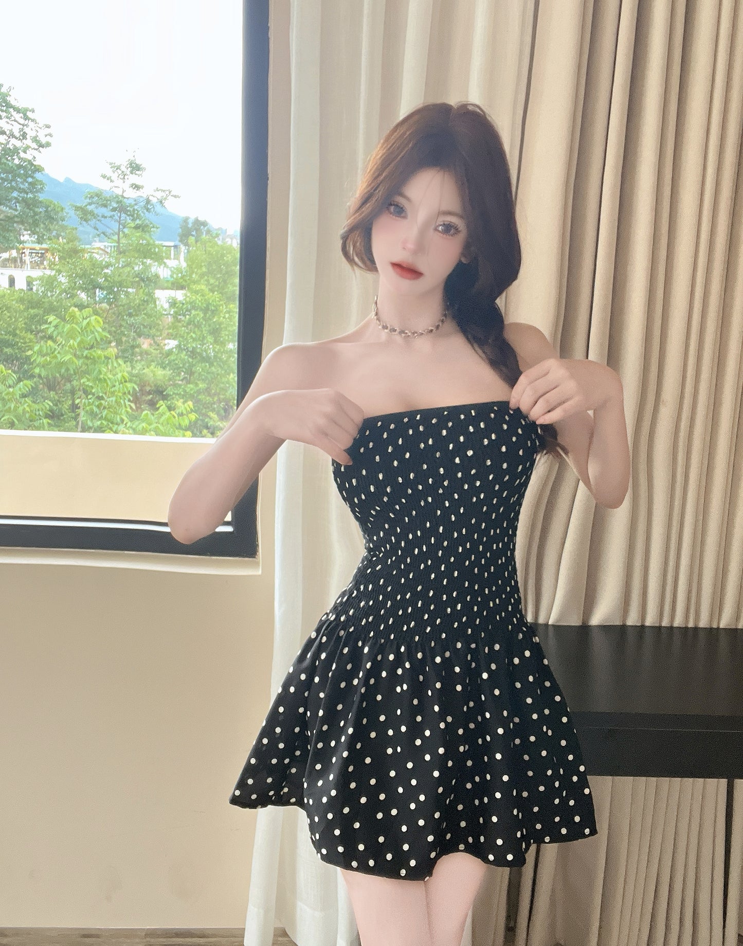 Vibrant White Polka Dot Design Mini Dress Chic A-Line Ruffled Hem Black Short Dress AP1735