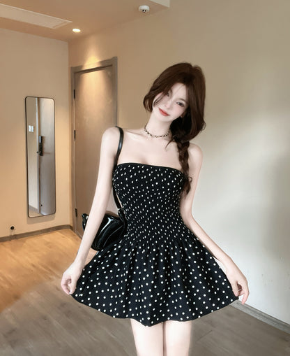 Vibrant White Polka Dot Design Mini Dress Chic A-Line Ruffled Hem Black Short Dress AP1735