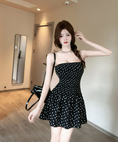Vibrant White Polka Dot Design Mini Dress Chic A-Line Ruffled Hem Black Short Dress AP1735