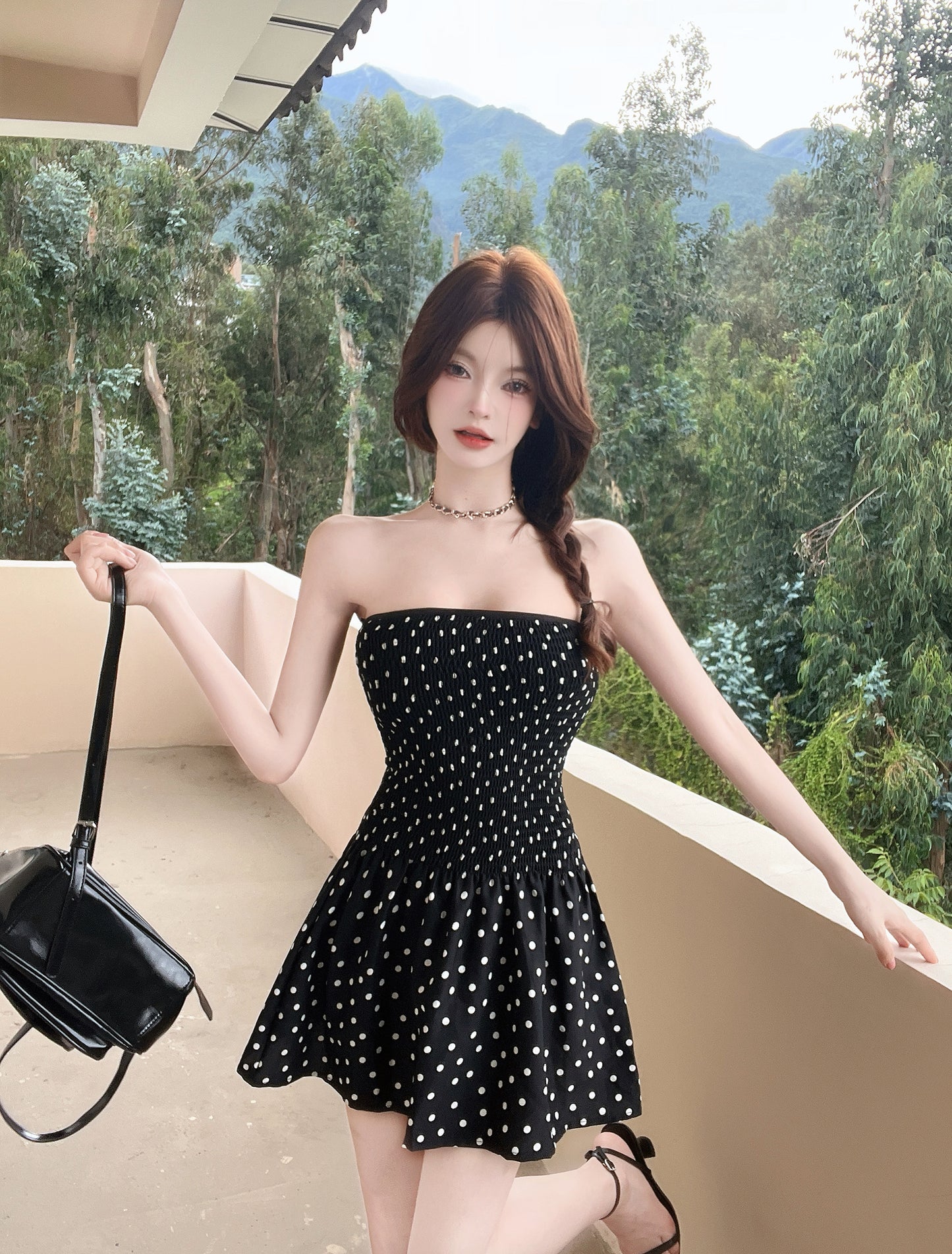 Vibrant White Polka Dot Design Mini Dress Chic A-Line Ruffled Hem Black Short Dress AP1735