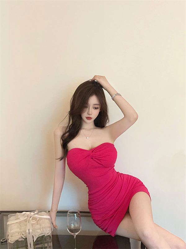 Figure-Flattering Hot Pink Strapless Mini Dress Twist Front Ruched Bodycon Short Dress AP1736