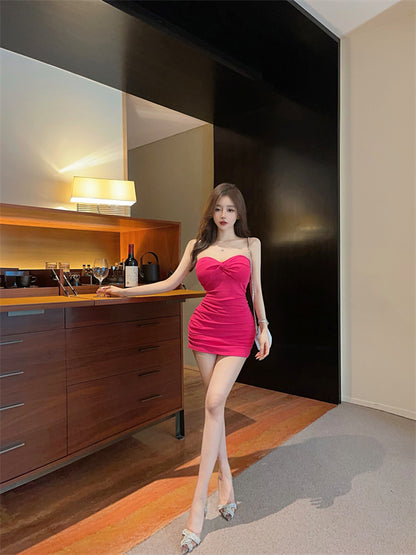 Figure-Flattering Hot Pink Strapless Mini Dress Twist Front Ruched Bodycon Short Dress AP1736