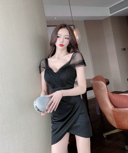Niche Short Mesh Sleeve Asymmetric Hem Mini Dress Chic Hot Girls Sheath Ruched Short Dress AP1738