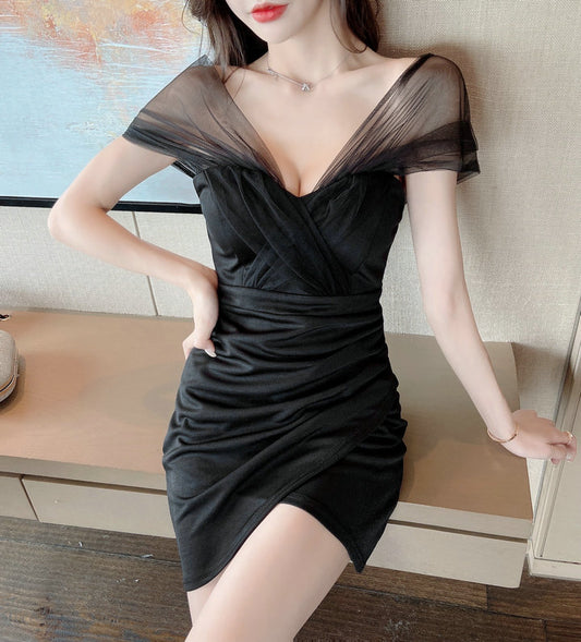 Niche Short Mesh Sleeve Asymmetric Hem Mini Dress Chic Hot Girls Sheath Ruched Short Dress AP1738