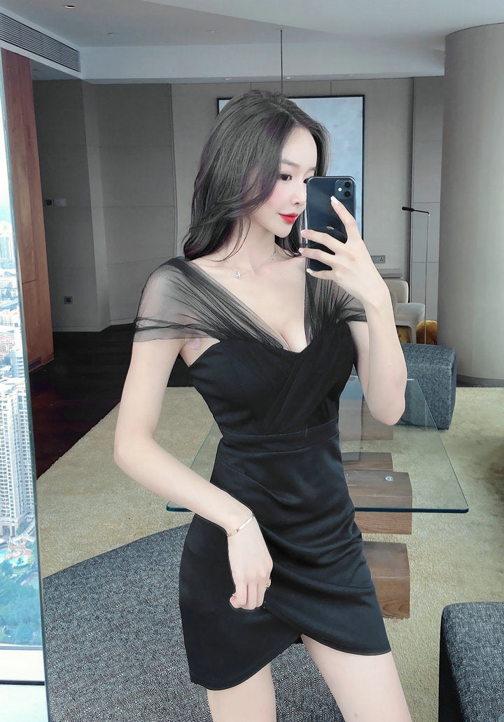Niche Short Mesh Sleeve Asymmetric Hem Mini Dress Chic Hot Girls Sheath Ruched Short Dress AP1738