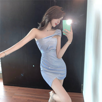 Women's Light Blue One-Shoulder Glittery Bodycon Mini Dress Elegant Asymmetric Hem Ruched Short Dress AP1739