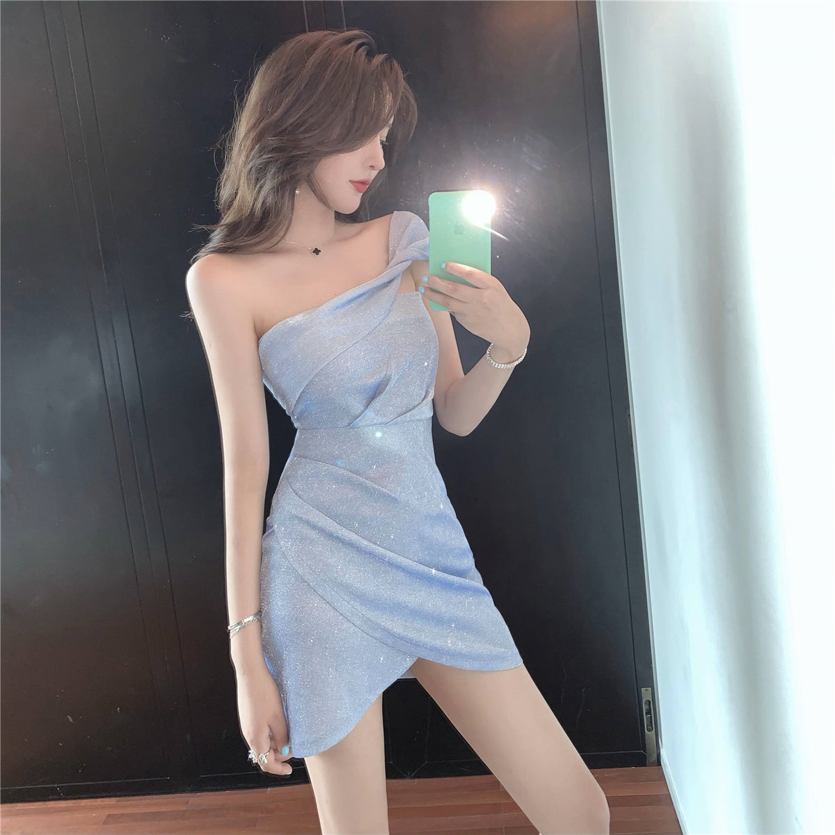 Women's Light Blue One-Shoulder Glittery Bodycon Mini Dress Elegant Asymmetric Hem Ruched Short Dress AP1739