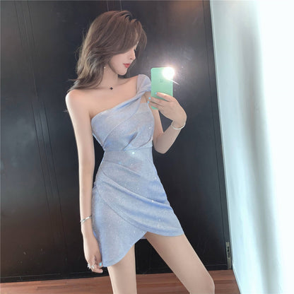 Women's Light Blue One-Shoulder Glittery Bodycon Mini Dress Elegant Asymmetric Hem Ruched Short Dress AP1739