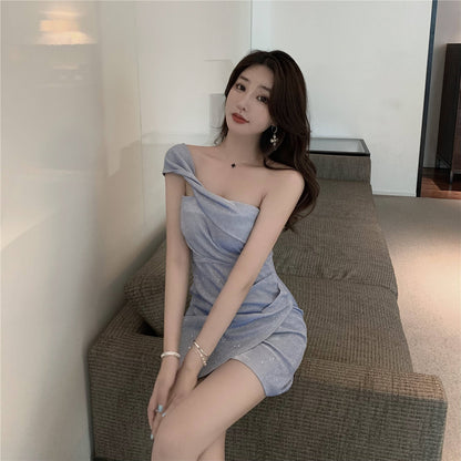 Women's Light Blue One-Shoulder Glittery Bodycon Mini Dress Elegant Asymmetric Hem Ruched Short Dress AP1739