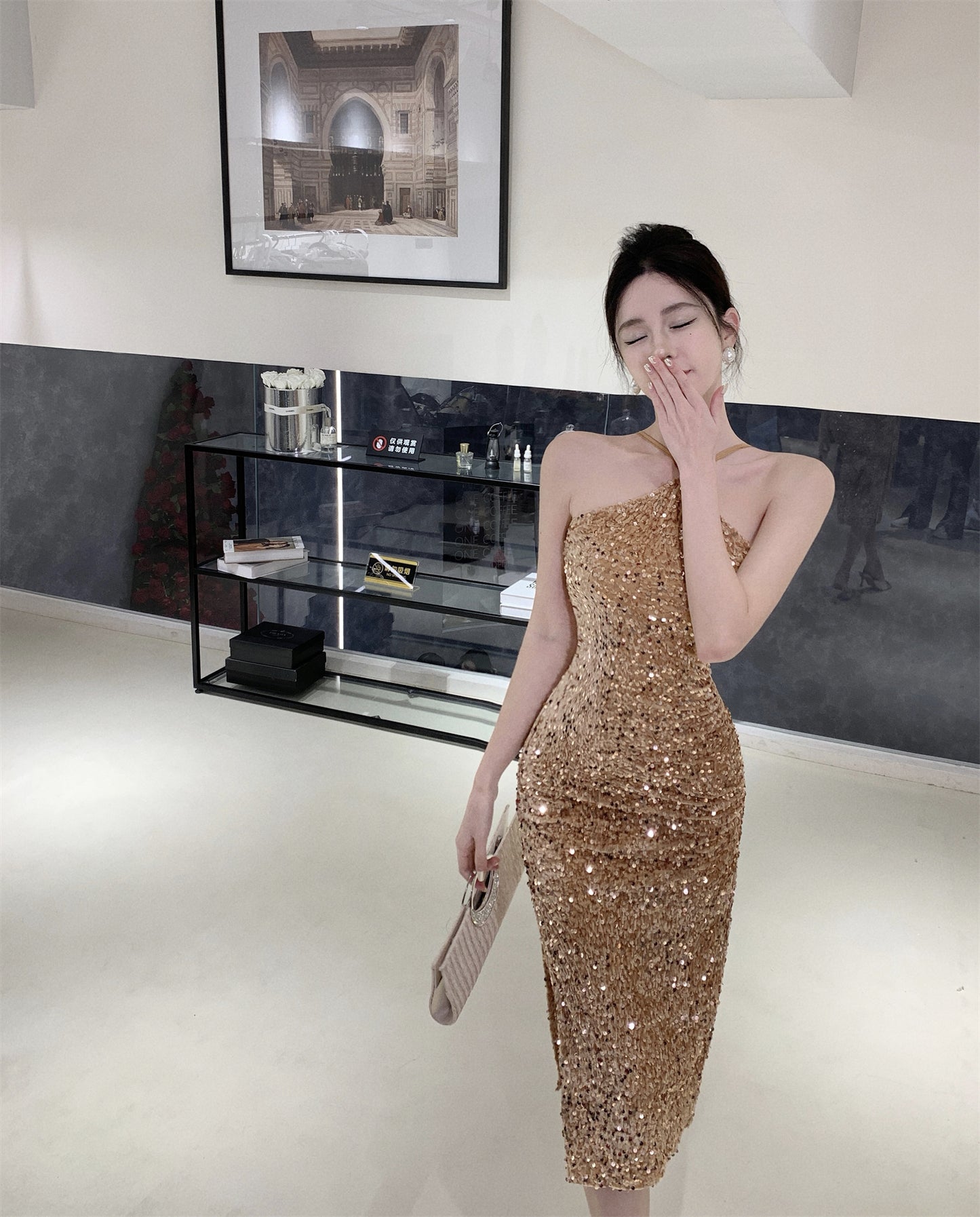Charming Gold Sheath Shimmery Sequins Midi Skirt Exquisite High-Slit Evening Parties Short Dress AP1740