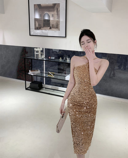 Charming Gold Sheath Shimmery Sequins Midi Skirt Exquisite High-Slit Evening Parties Short Dress AP1740