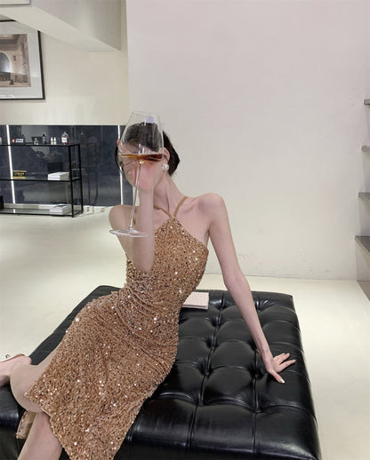 Charming Gold Sheath Shimmery Sequins Midi Skirt Exquisite High-Slit Evening Parties Short Dress AP1740