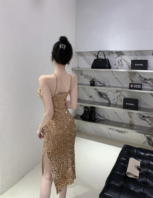Charming Gold Sheath Shimmery Sequins Midi Skirt Exquisite High-Slit Evening Parties Short Dress AP1740