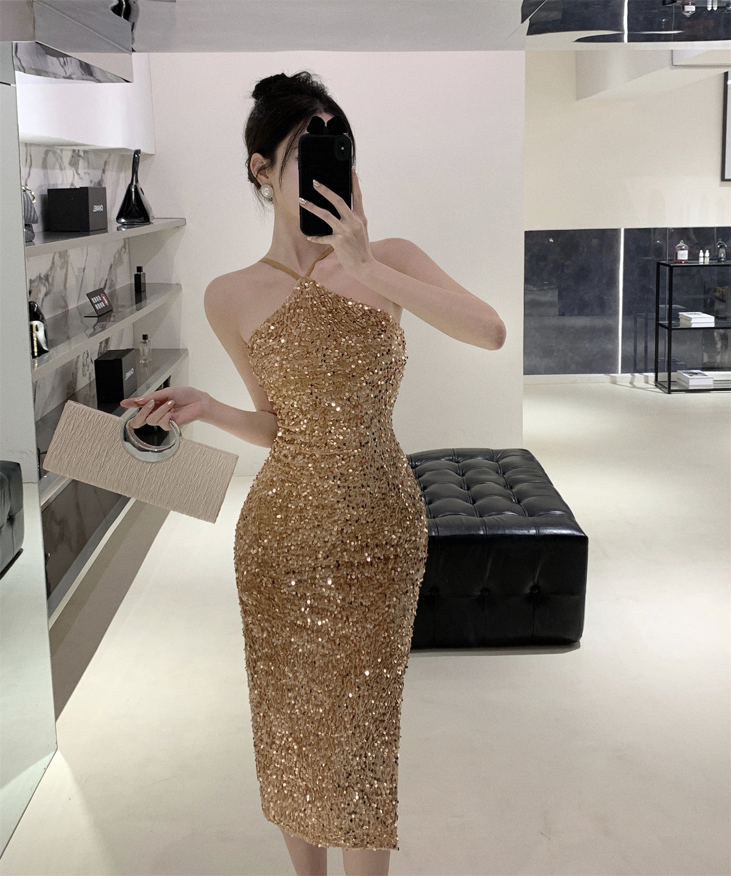 Charming Gold Sheath Shimmery Sequins Midi Skirt Exquisite High-Slit Evening Parties Short Dress AP1740