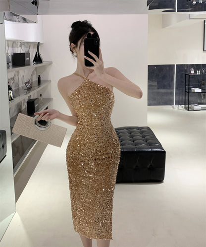 Charming Gold Sheath Shimmery Sequins Midi Skirt Exquisite High-Slit Evening Parties Short Dress AP1740