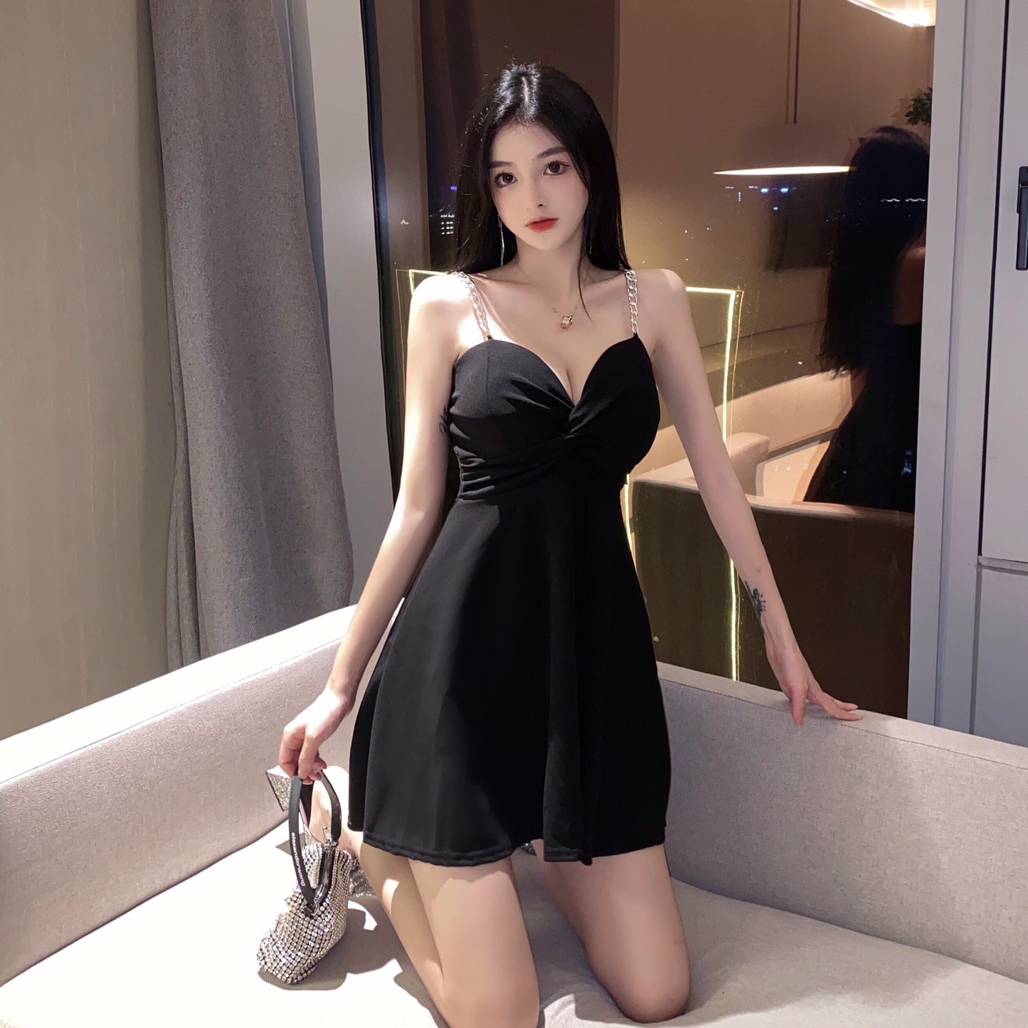 Sexy A-Line Black Mini Dress Casual Chain Strap Loose Style Short Dress AP1741