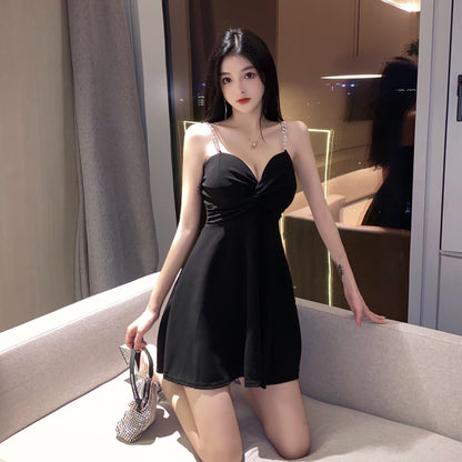 Sexy A-Line Black Mini Dress Casual Chain Strap Loose Style Short Dress AP1741