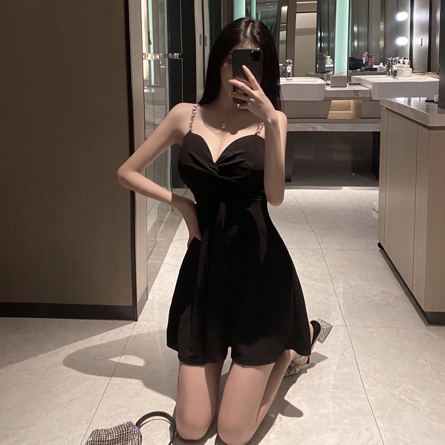 Sexy A-Line Black Mini Dress Casual Chain Strap Loose Style Short Dress AP1741