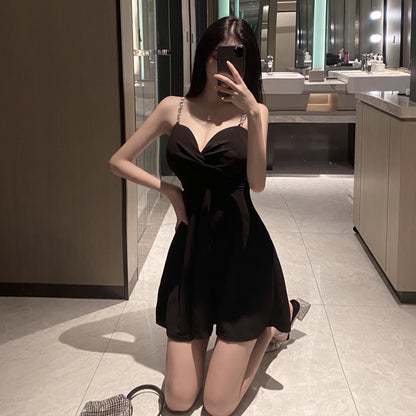 Sexy A-Line Black Mini Dress Casual Chain Strap Loose Style Short Dress AP1741