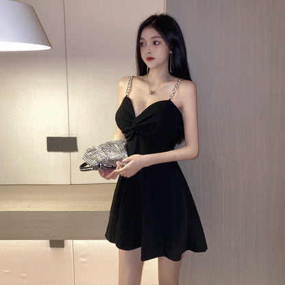 Sexy A-Line Black Mini Dress Casual Chain Strap Loose Style Short Dress AP1741
