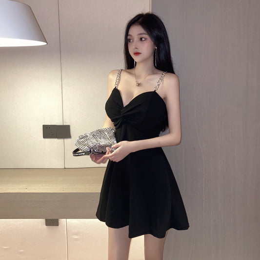 Sexy A-Line Black Mini Dress Casual Chain Strap Loose Style Short Dress AP1741