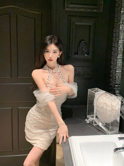 Glam Sequin Light Beige Tulle Off-Shoulder Sequins Accent Mini Skirt Modern Pearl Rhinestone Accent Sheath Halter Short Dress AP1742