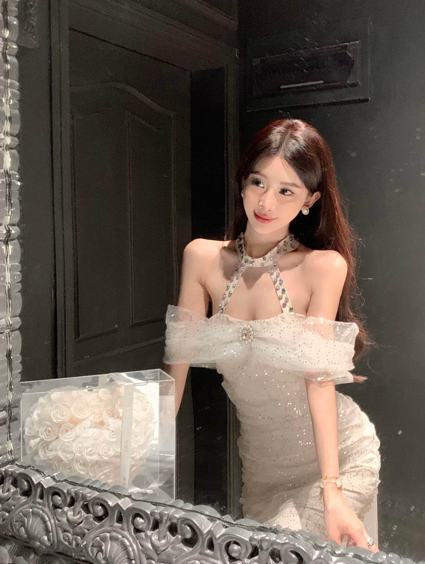 Glam Sequin Light Beige Tulle Off-Shoulder Sequins Accent Mini Skirt Modern Pearl Rhinestone Accent Sheath Halter Short Dress AP1742