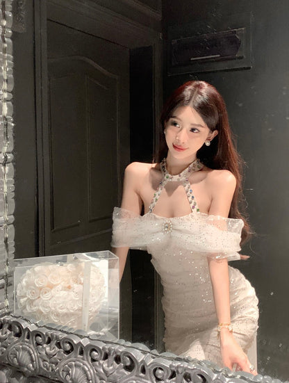 Glam Sequin Light Beige Tulle Off-Shoulder Sequins Accent Mini Skirt Modern Pearl Rhinestone Accent Sheath Halter Short Dress AP1742