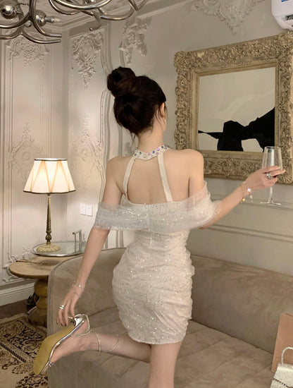 Glam Sequin Light Beige Tulle Off-Shoulder Sequins Accent Mini Skirt Modern Pearl Rhinestone Accent Sheath Halter Short Dress AP1742
