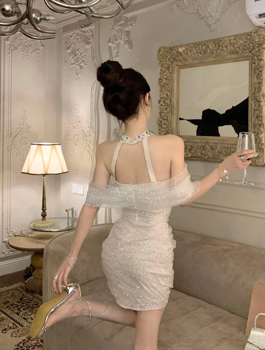 Glam Sequin Light Beige Tulle Off-Shoulder Sequins Accent Mini Skirt Modern Pearl Rhinestone Accent Sheath Halter Short Dress AP1742