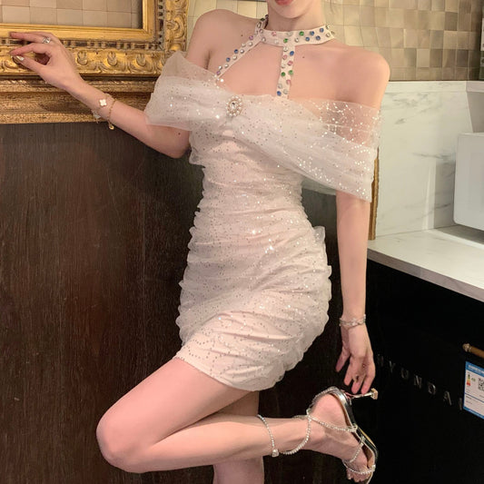 Glam Sequin Light Beige Tulle Off-Shoulder Sequins Accent Mini Skirt Modern Pearl Rhinestone Accent Sheath Halter Short Dress AP1742