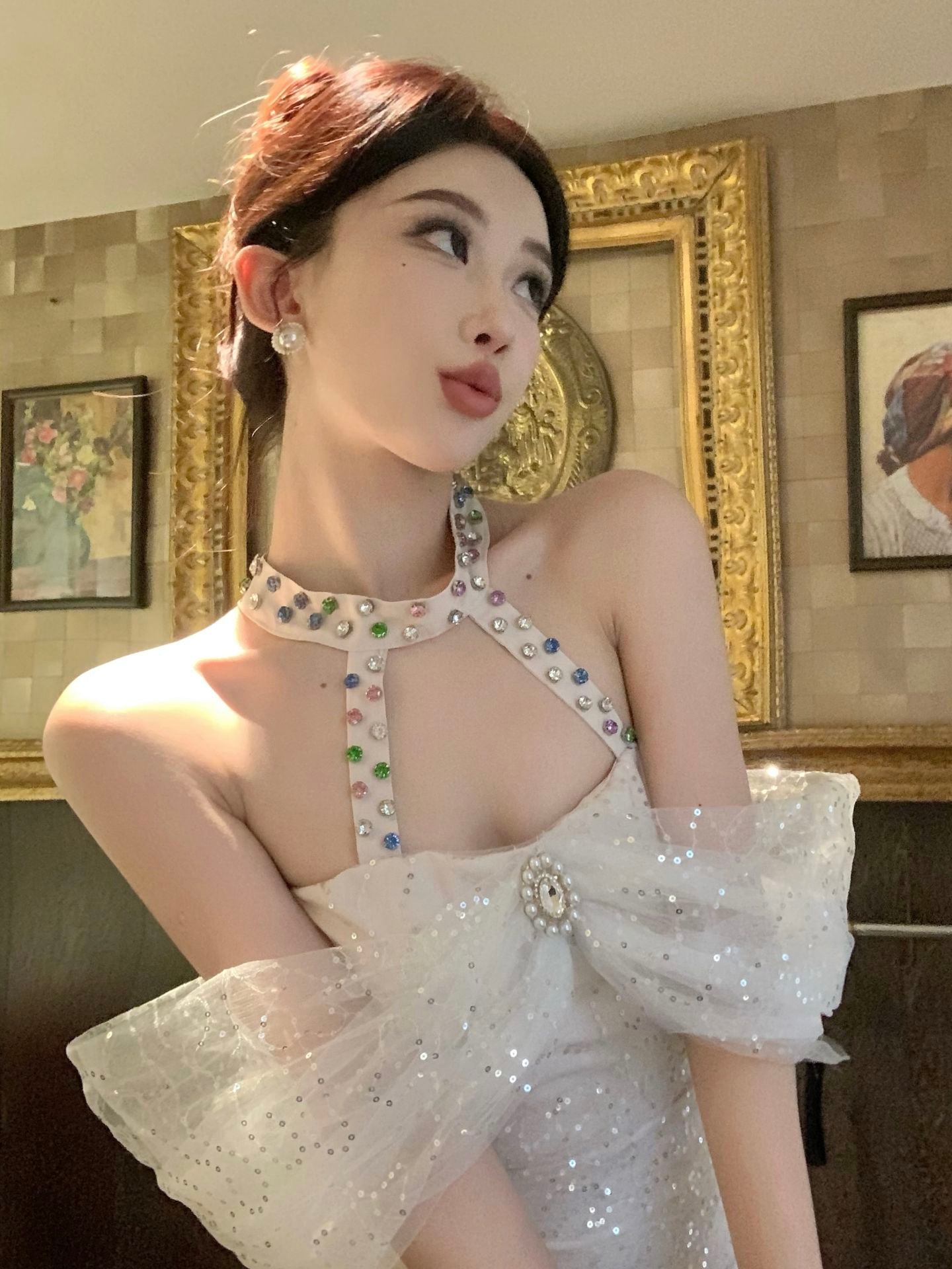 Glam Sequin Light Beige Tulle Off-Shoulder Sequins Accent Mini Skirt Modern Pearl Rhinestone Accent Sheath Halter Short Dress AP1742