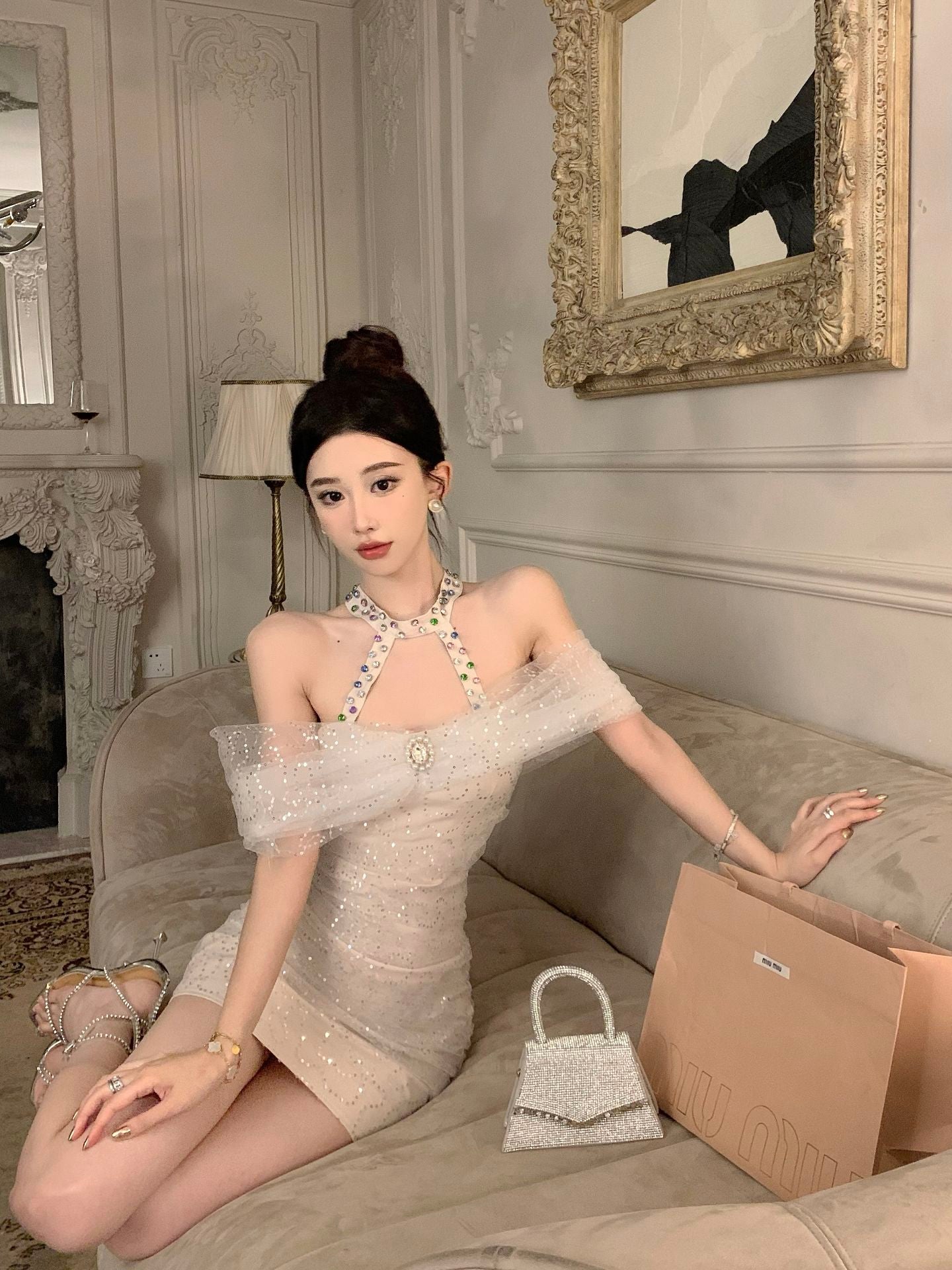 Glam Sequin Light Beige Tulle Off-Shoulder Sequins Accent Mini Skirt Modern Pearl Rhinestone Accent Sheath Halter Short Dress AP1742