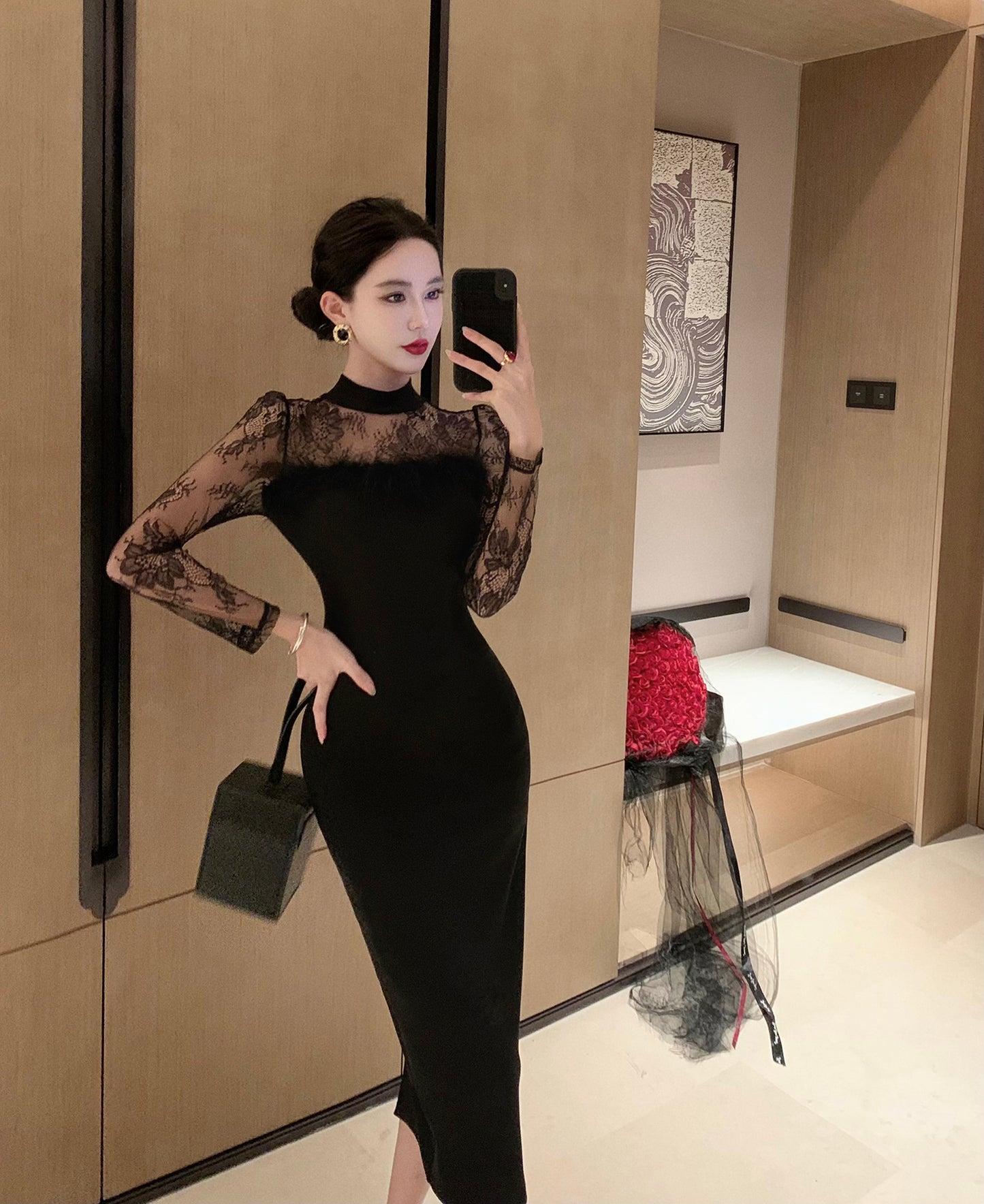Elegant Lace Long Sleeve Mermaid Midi Dress Evening Feast Chic Round Necckline Feather Trimmed Slit Halter Long Dress AP1743