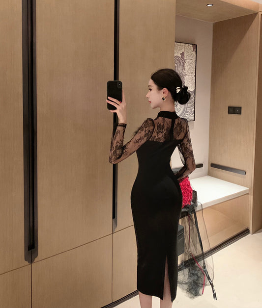 Elegant Lace Long Sleeve Mermaid Midi Dress Evening Feast Chic Round Necckline Feather Trimmed Slit Halter Long Dress AP1743