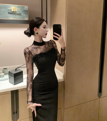 Elegant Lace Long Sleeve Mermaid Midi Dress Evening Feast Chic Round Necckline Feather Trimmed Slit Halter Long Dress AP1743