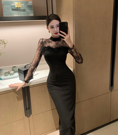 Elegant Lace Long Sleeve Mermaid Midi Dress Evening Feast Chic Round Necckline Feather Trimmed Slit Halter Long Dress AP1743