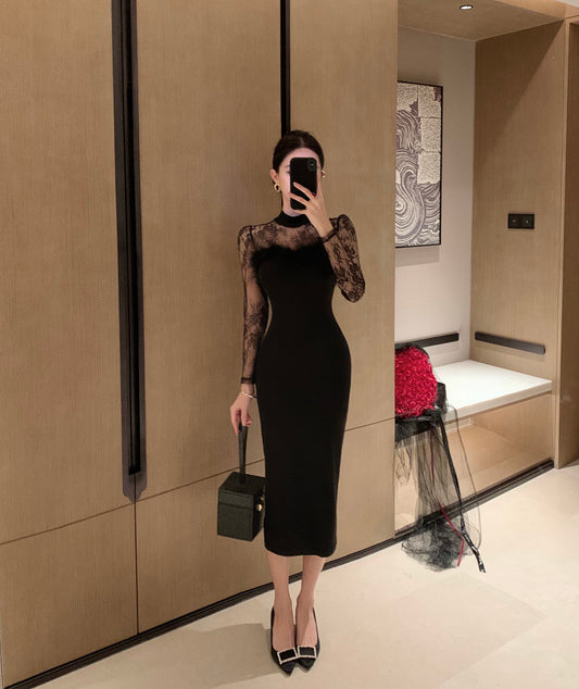 Elegant Lace Long Sleeve Mermaid Midi Dress Evening Feast Chic Round Necckline Feather Trimmed Slit Halter Long Dress AP1743