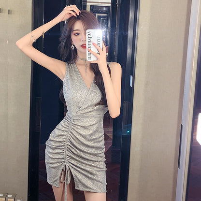 Summer Outfit Sparkling Sequins Silver Gathered Mini Dress Charming V-Neck Sleeveless Short Dress AP1744