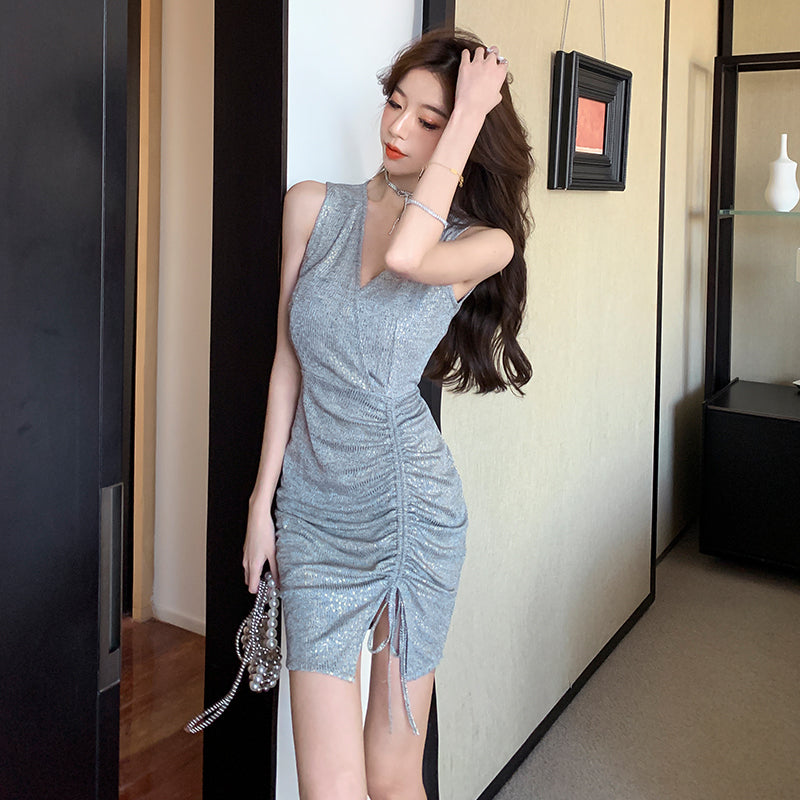 Summer Outfit Sparkling Sequins Silver Gathered Mini Dress Charming V-Neck Sleeveless Short Dress AP1744
