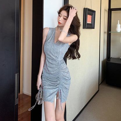 Summer Outfit Sparkling Sequins Silver Gathered Mini Dress Charming V-Neck Sleeveless Short Dress AP1744