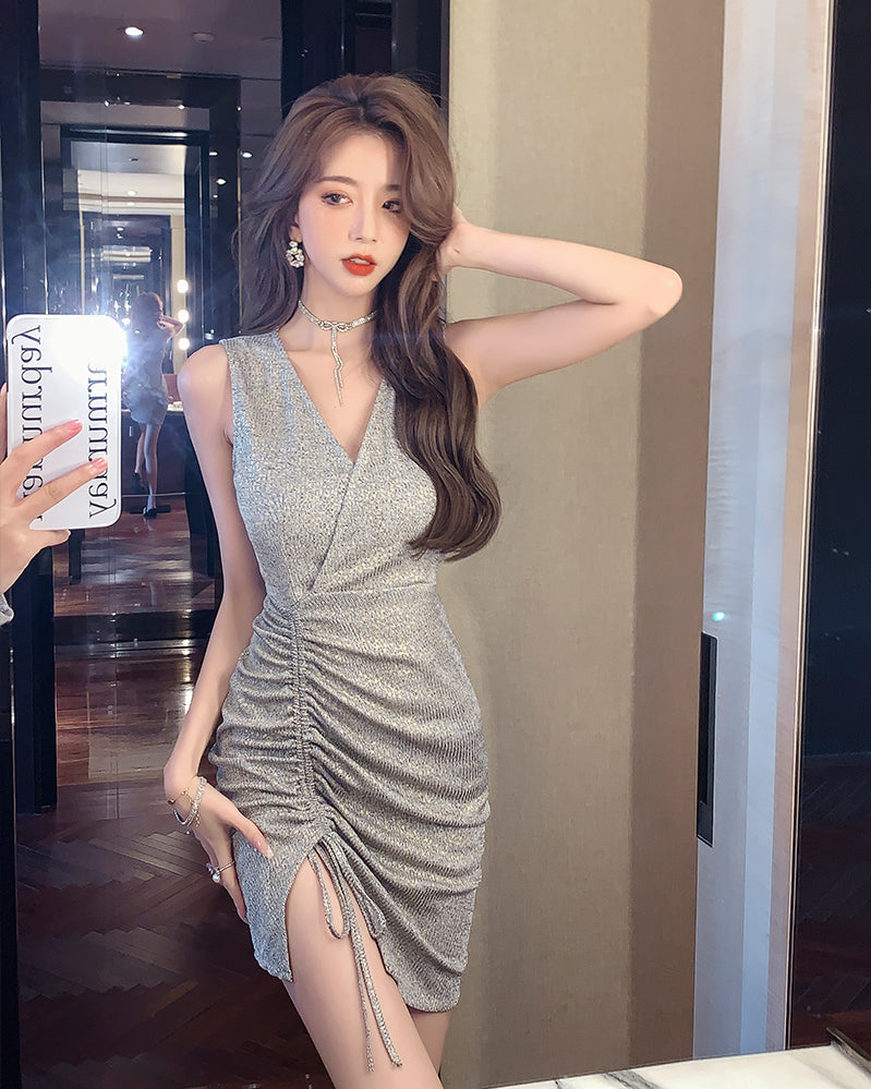 Summer Outfit Sparkling Sequins Silver Gathered Mini Dress Charming V-Neck Sleeveless Short Dress AP1744