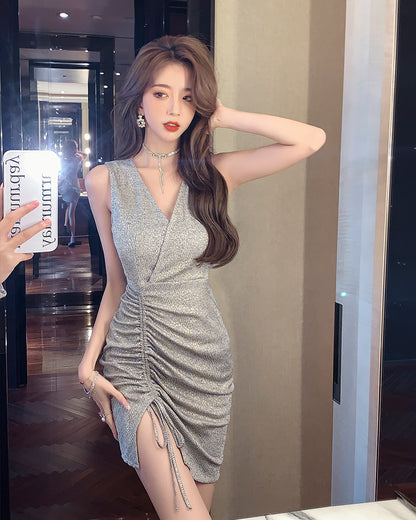 Summer Outfit Sparkling Sequins Silver Gathered Mini Dress Charming V-Neck Sleeveless Short Dress AP1744