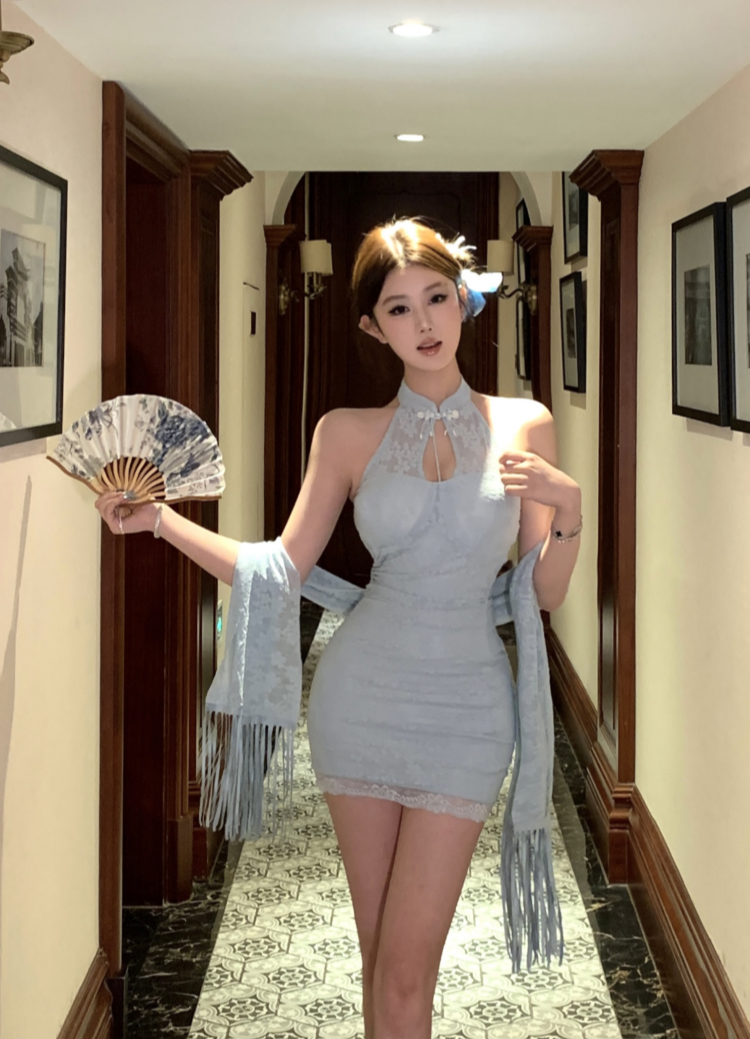 Date Night Vintage Halter Mandarin Collar Light Blue Mini Skirt Chic Lace Trimmed Keyhole Cutout Halter Short Dress AP1745