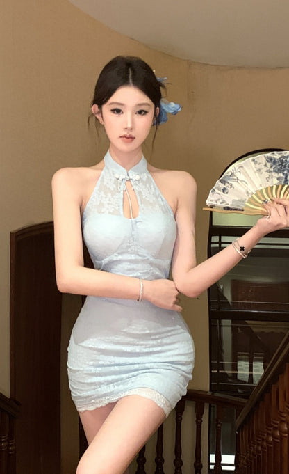 Date Night Vintage Halter Mandarin Collar Light Blue Mini Skirt Chic Lace Trimmed Keyhole Cutout Halter Short Dress AP1745