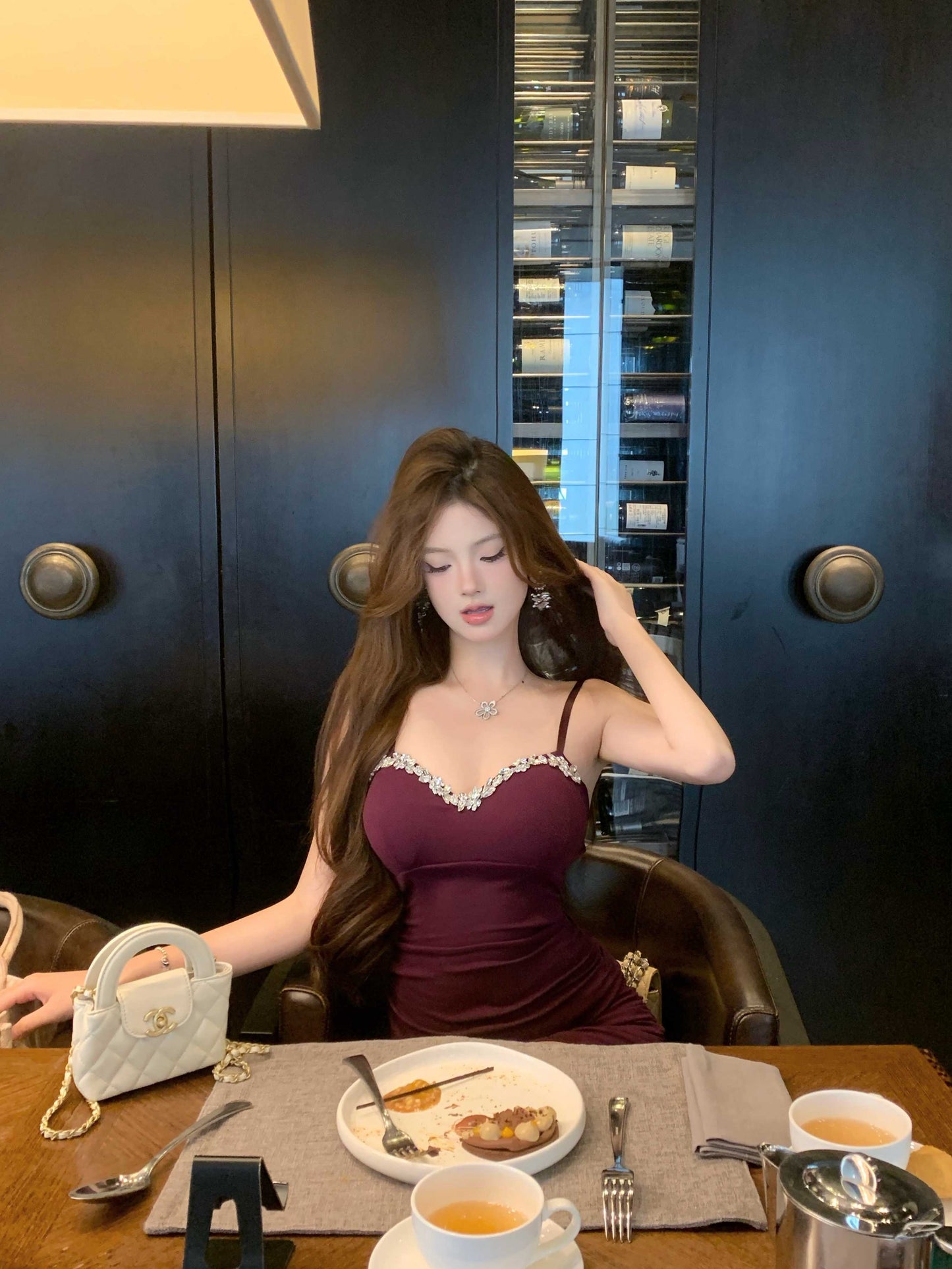 Sexy Beading Trimmed Spaghetti Strap Mini Skirt Vogue Purple Sheath Short Dress AP1746