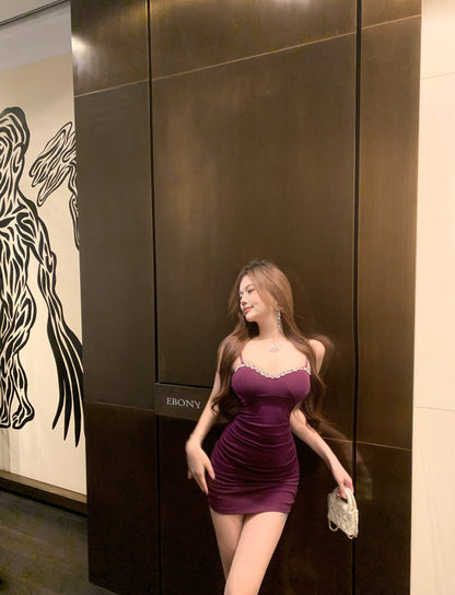 Sexy Beading Trimmed Spaghetti Strap Mini Skirt Vogue Purple Sheath Short Dress AP1746
